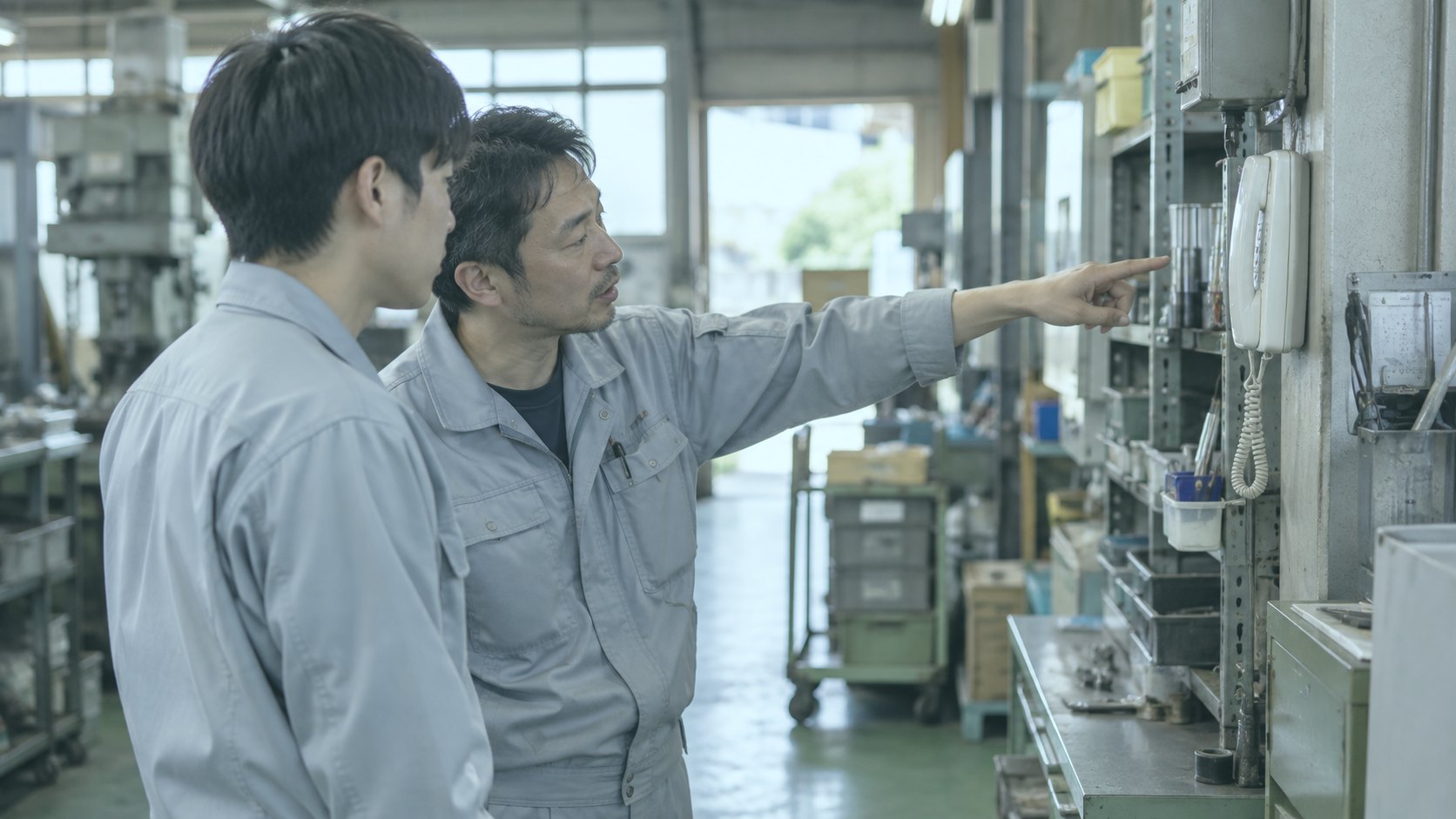 現場で先輩が新人に教える様子