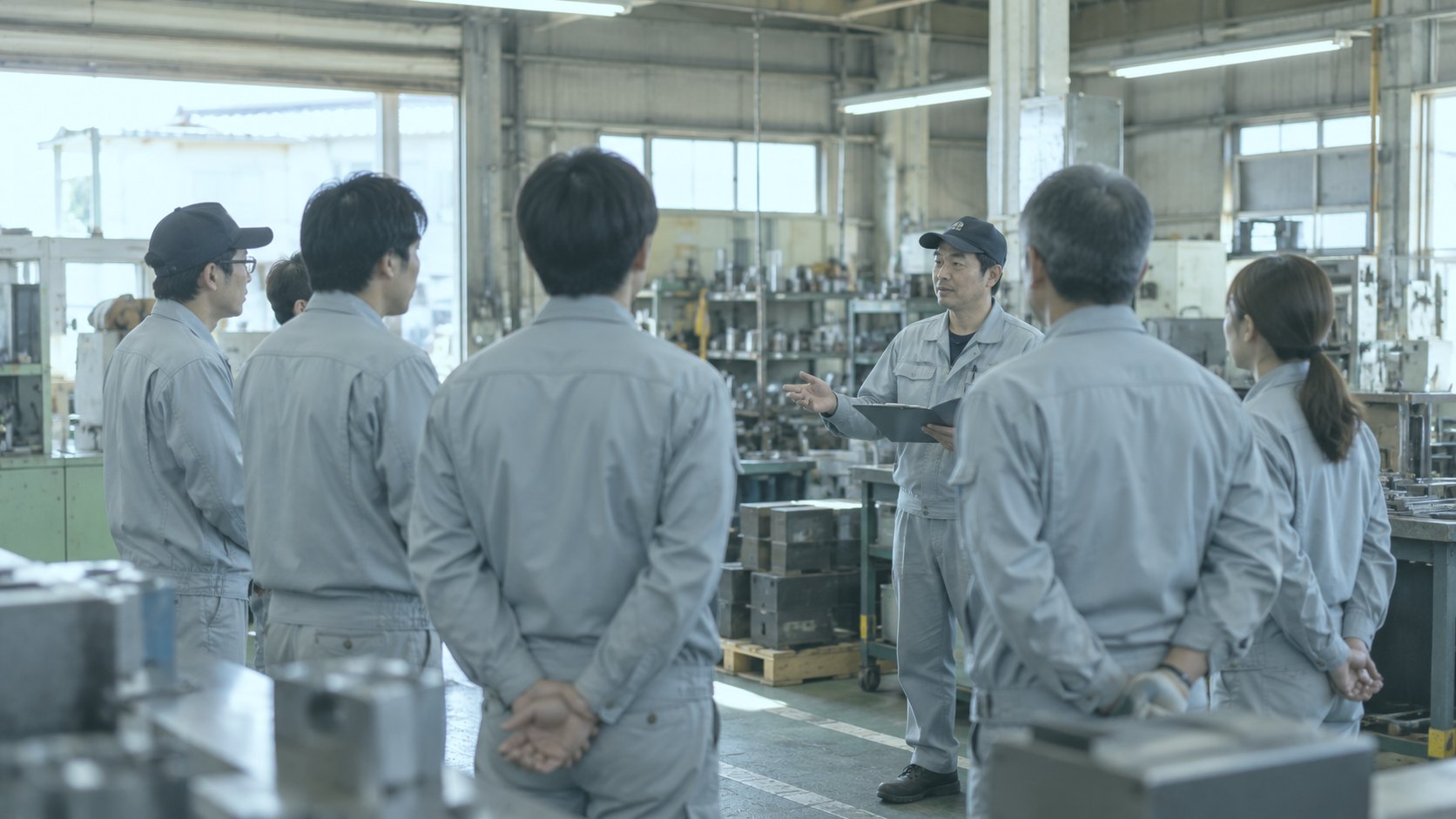 作業着のスタッフが並ぶ様子